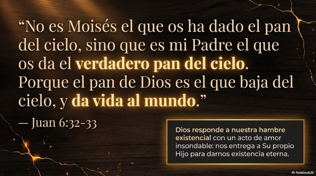 Juan 6:32-33 LBLA
Entonces Jesús les dijo: En verdad, en verdad os digo: no es Moisés el que os ha dado el pan del cielo, sino que es mi Padre el que os da el verdadero pan del cielo. Porque el pan de Dios es el que baja del cielo, y da vida al mundo.